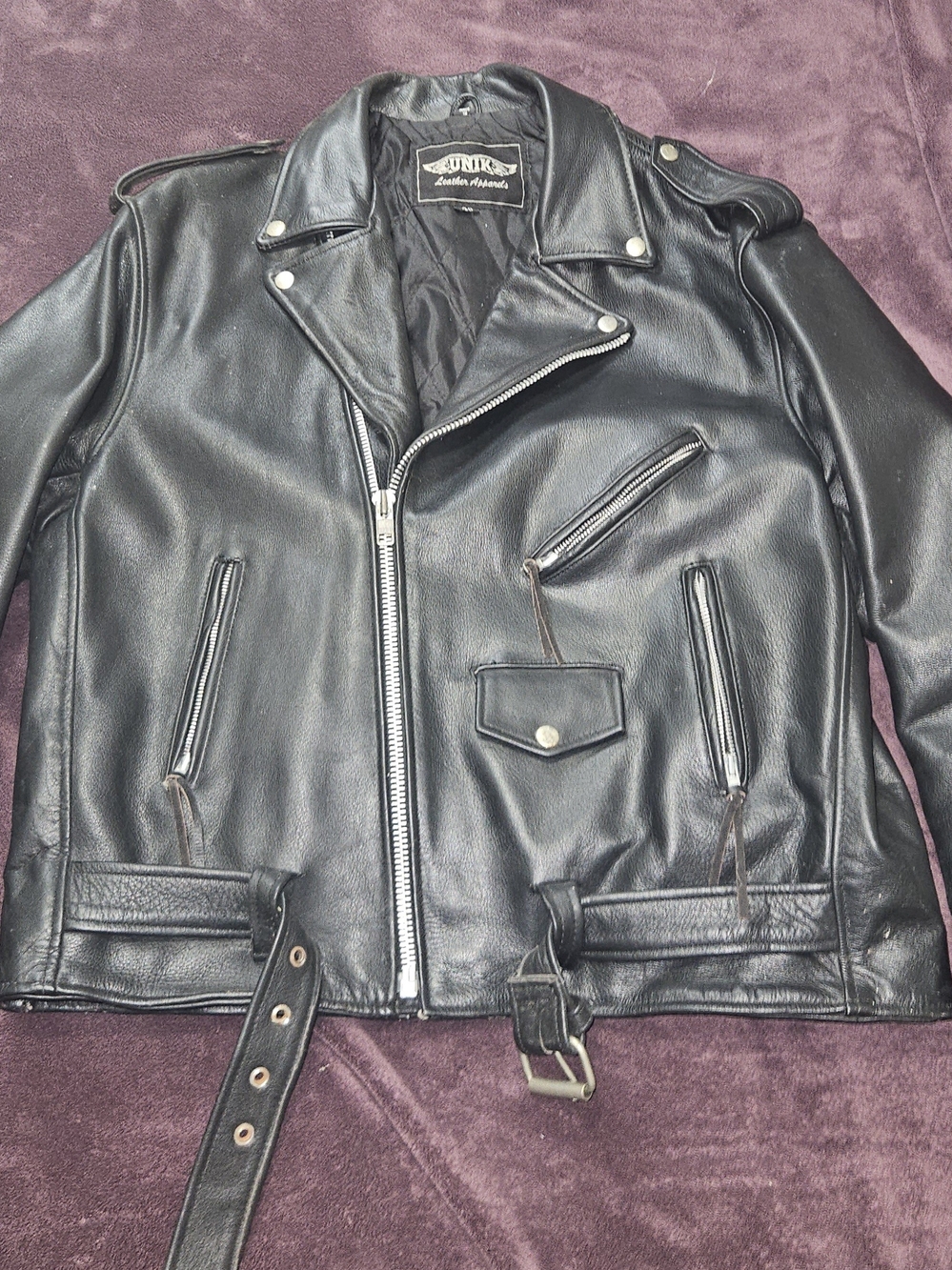 Vintage UNIK Belted Black Leather Biker Motorcycle Jacket Size 48